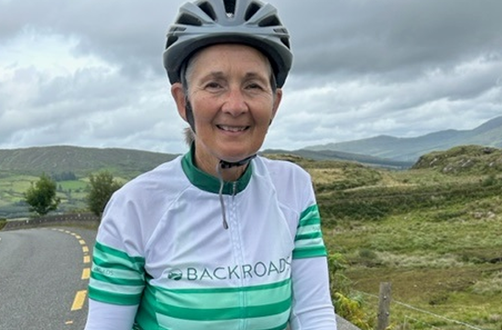 Kathleen Tierney riding a bike in Ireland.
